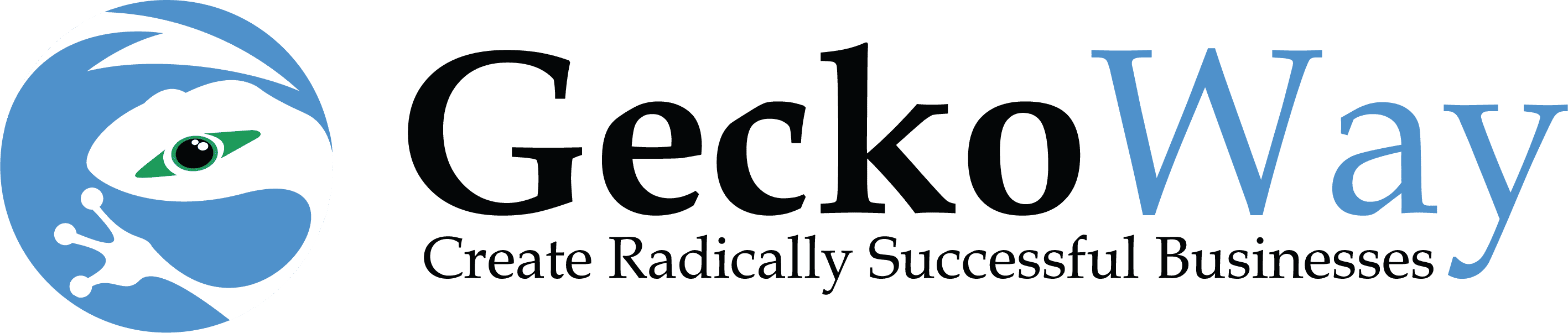 Logo della GeckoWay. Un logo orizzontale con un geco stilizzato seguito della scritta GeckoWay in nero e blu. In basso la scritta Create Radicalli Successful Business