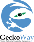 Logo della GeckoWay. Un logo verticale con un geco stilizzato seguito, in basso, della scritta GeckoWay in nero e blu. Ulteriormente sotto, la scritta Create Radicalli Successful Business